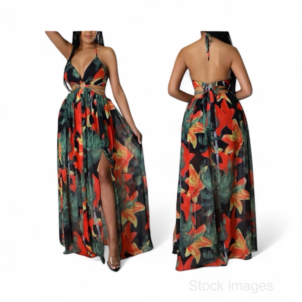 Tropical Halter Maxi Dress Backless Waist Chain Split Thigh - Picture 13 of 13